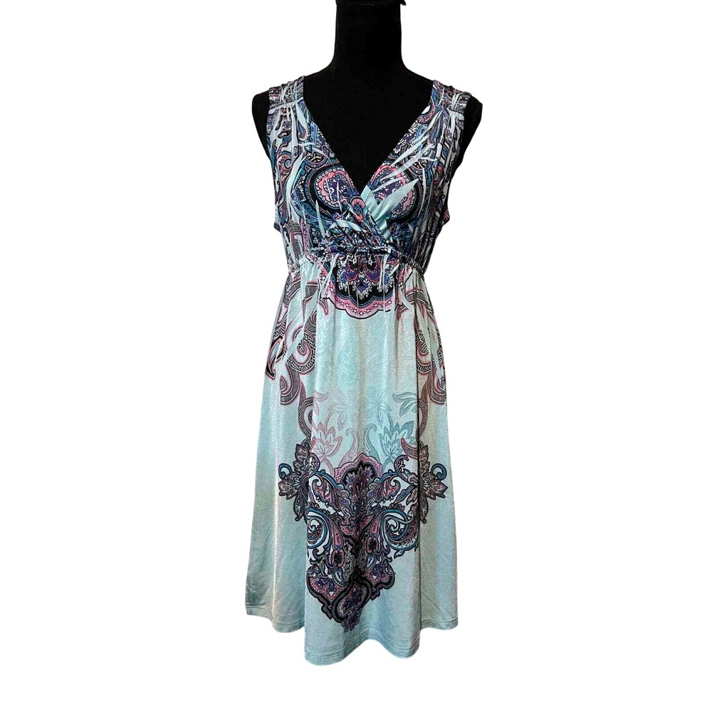 KIARA Women's Slip On Summer Dress V Neck Sleeveless Teal Purple Paisley M Beach